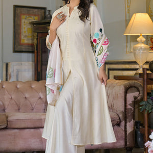 Cream Thread Embroidered Chanderi A-Line Salwar Suit