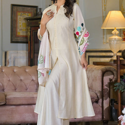 Cream Thread Embroidered Chanderi A-Line Salwar Suit
