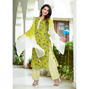 Lemon Green Floral Printed Pure Cotton Suit