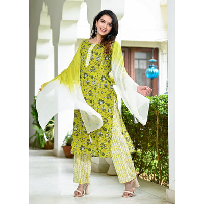 Lemon Green Floral Printed Pure Cotton Suit
