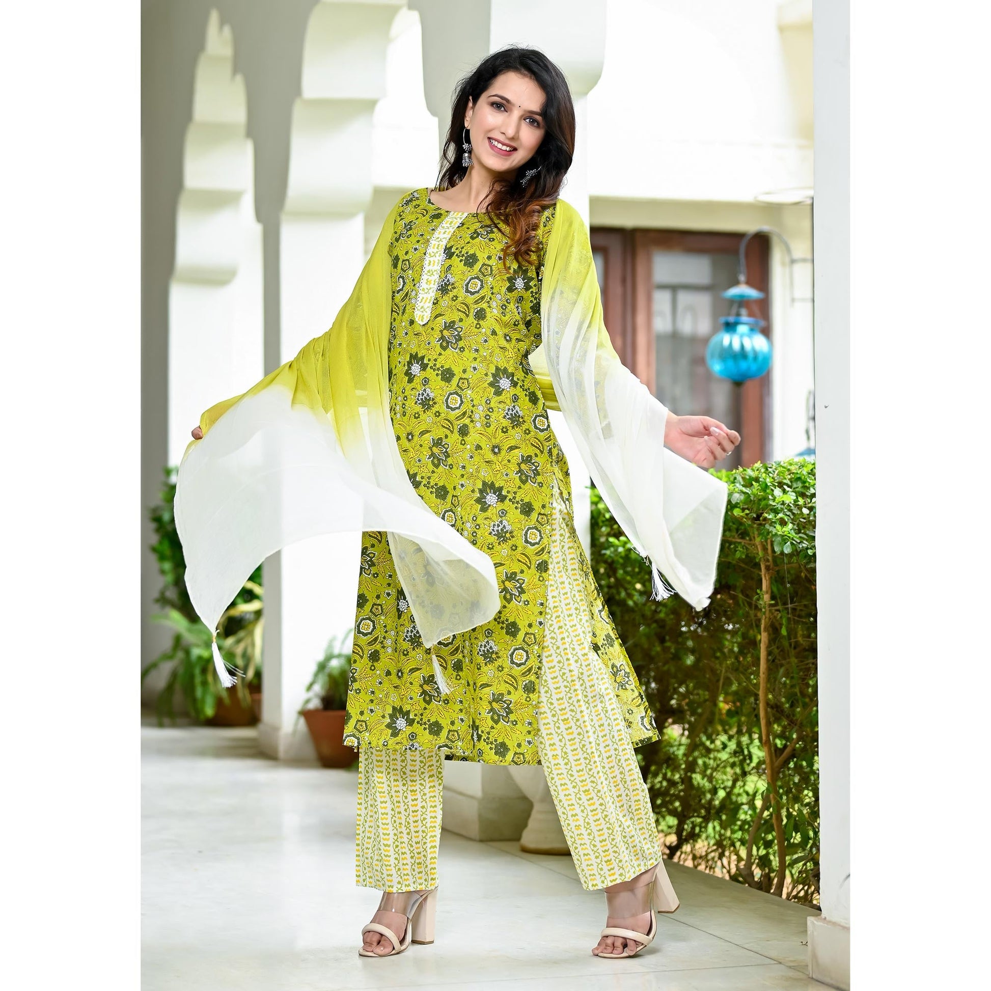 Lemon Green Floral Printed Pure Cotton Suit