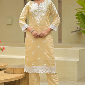 Chikoo Floral Embroidered Chanderi Kurti Pant Set