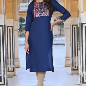 Blue Yoke Embroidered Rayon Slub Straight Kurti