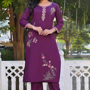 Dark Purple Floral Hand Work Viscose Straight Salwar Suit