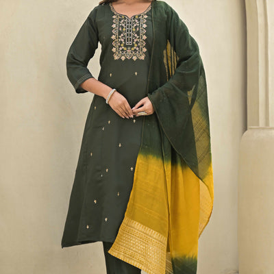 Mehandi Green Floral Embroidered Viscose A-Line Salwar Suit