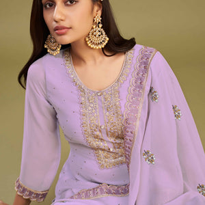 Lavender Floral Embroidery With Swarovski Work Georgette Semi Stitched Suit
