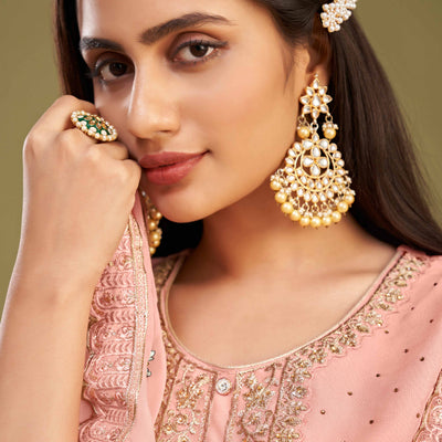 Gajari Pink Floral Embroidery With Swarovski Work Georgette Semi Stitched Suit