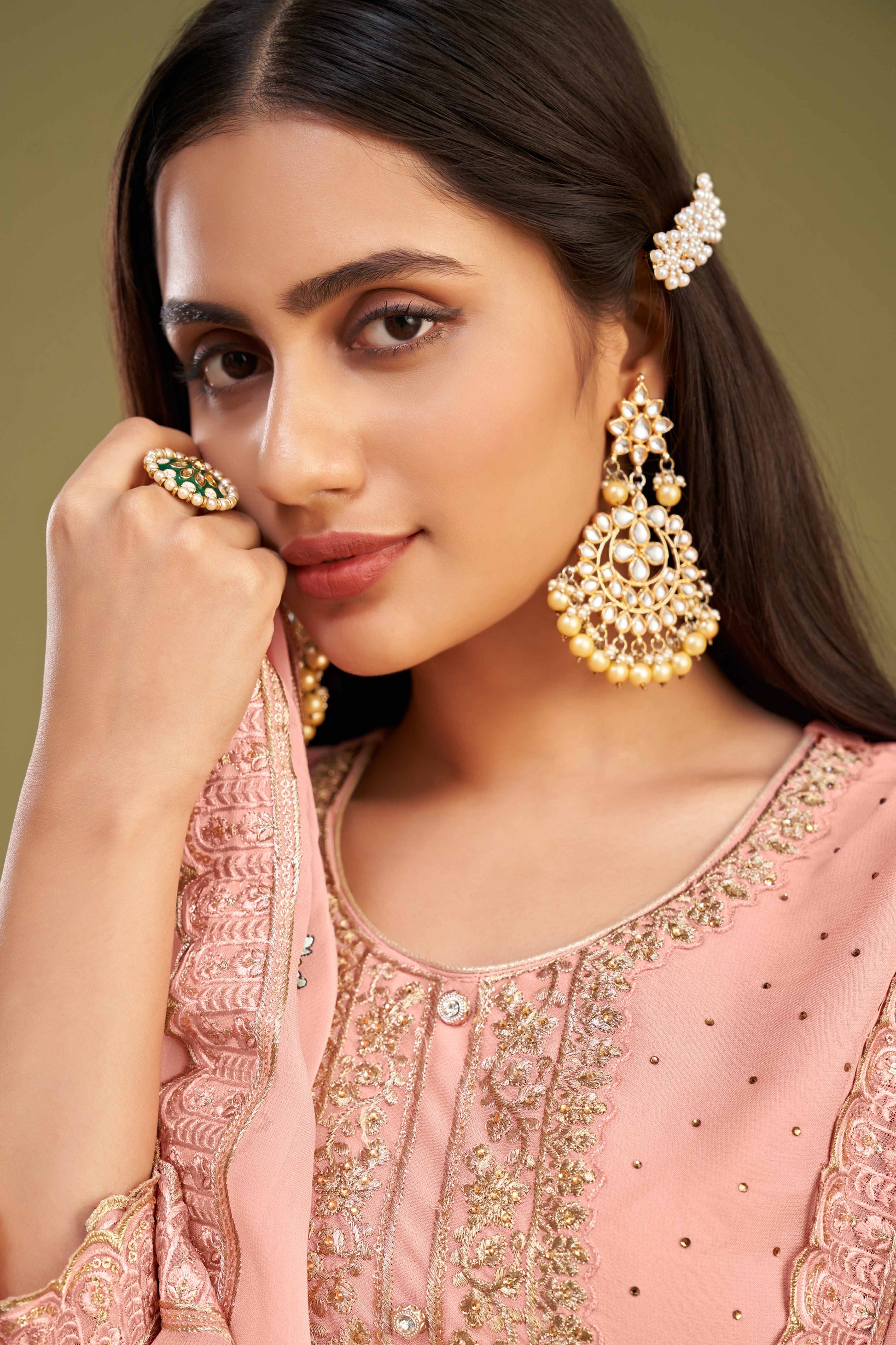 Gajari Pink Floral Embroidery With Swarovski Work Georgette Semi Stitched Suit