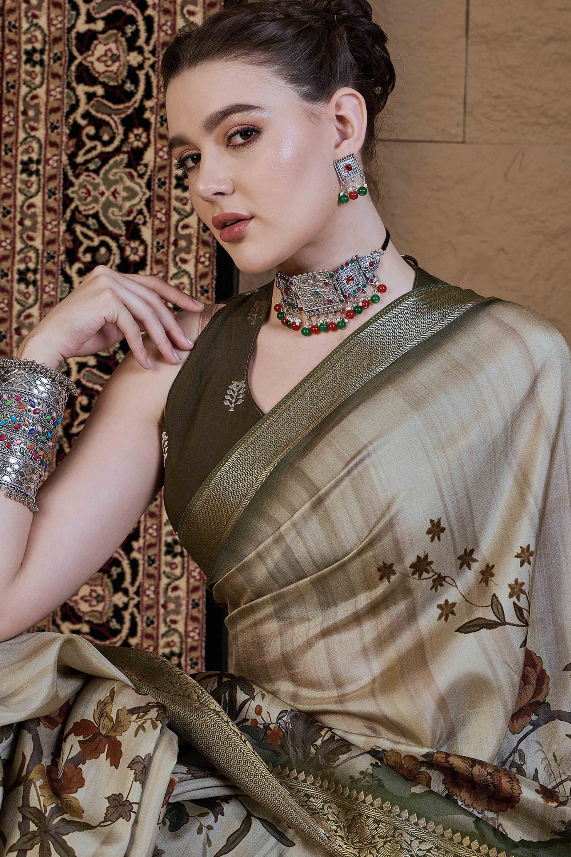 Light Green Floral Printed Viscose Saree