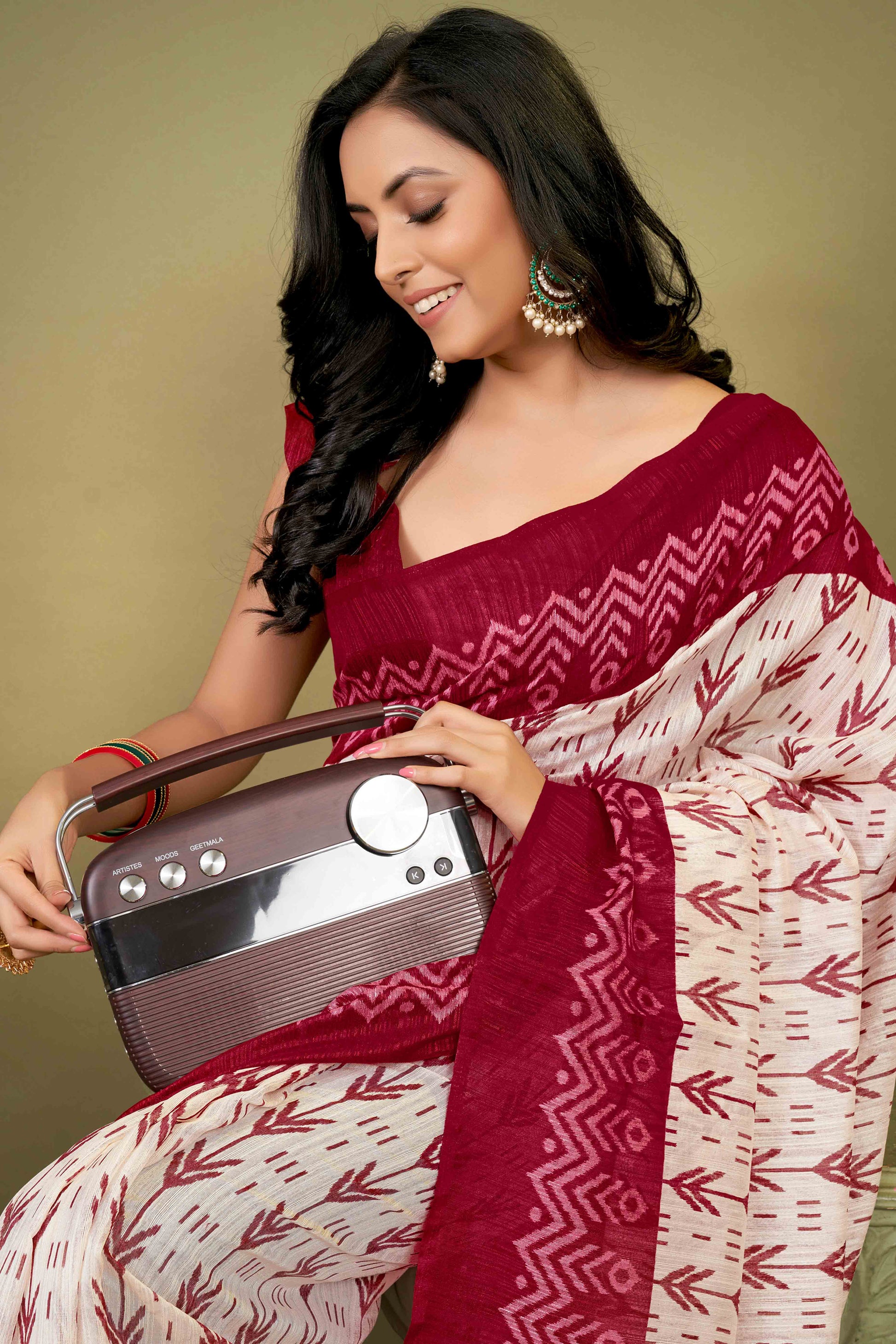 Maroon Ikkat Printed Cotton Slub Saree