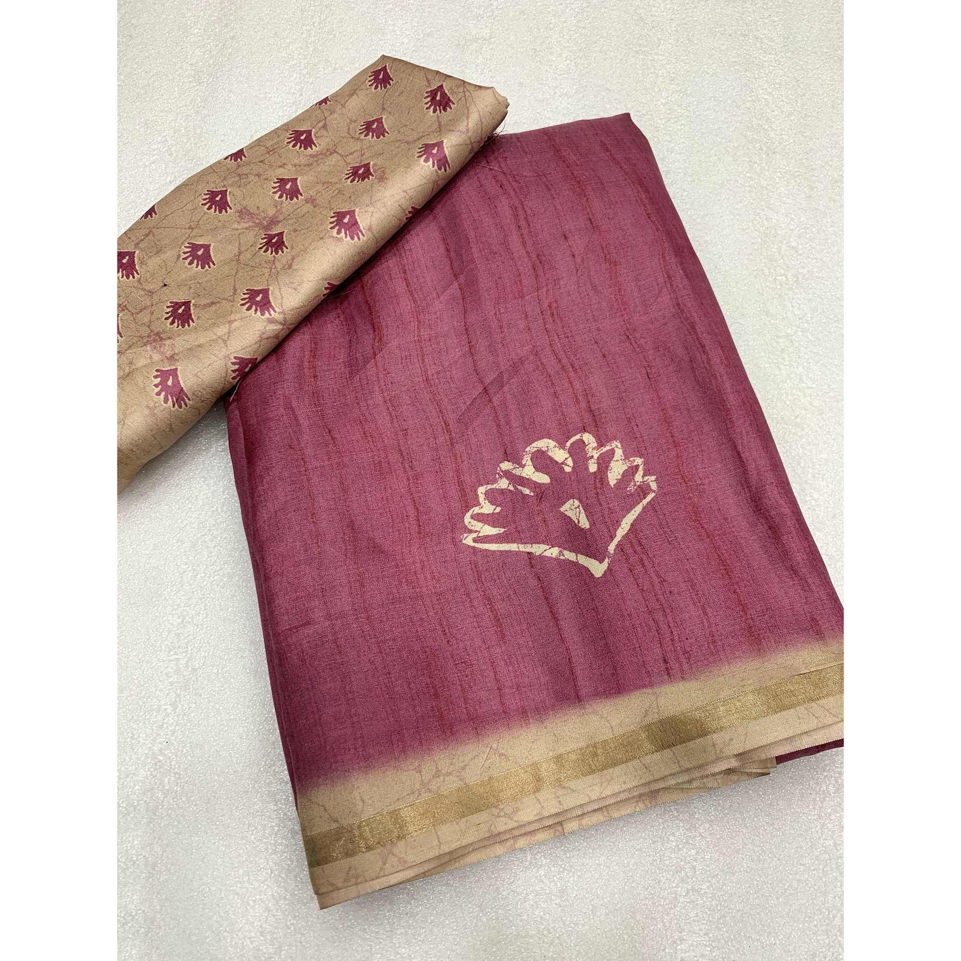 Light Wine Printed Tussar Silk Saree