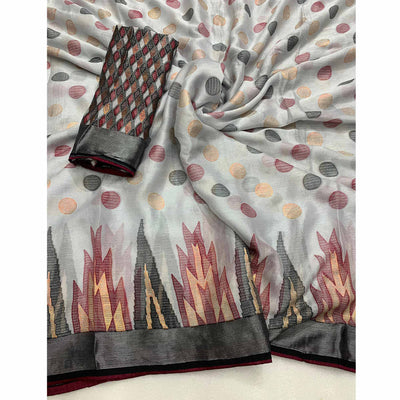 Grey Woven Art Silk Saree With Tassels