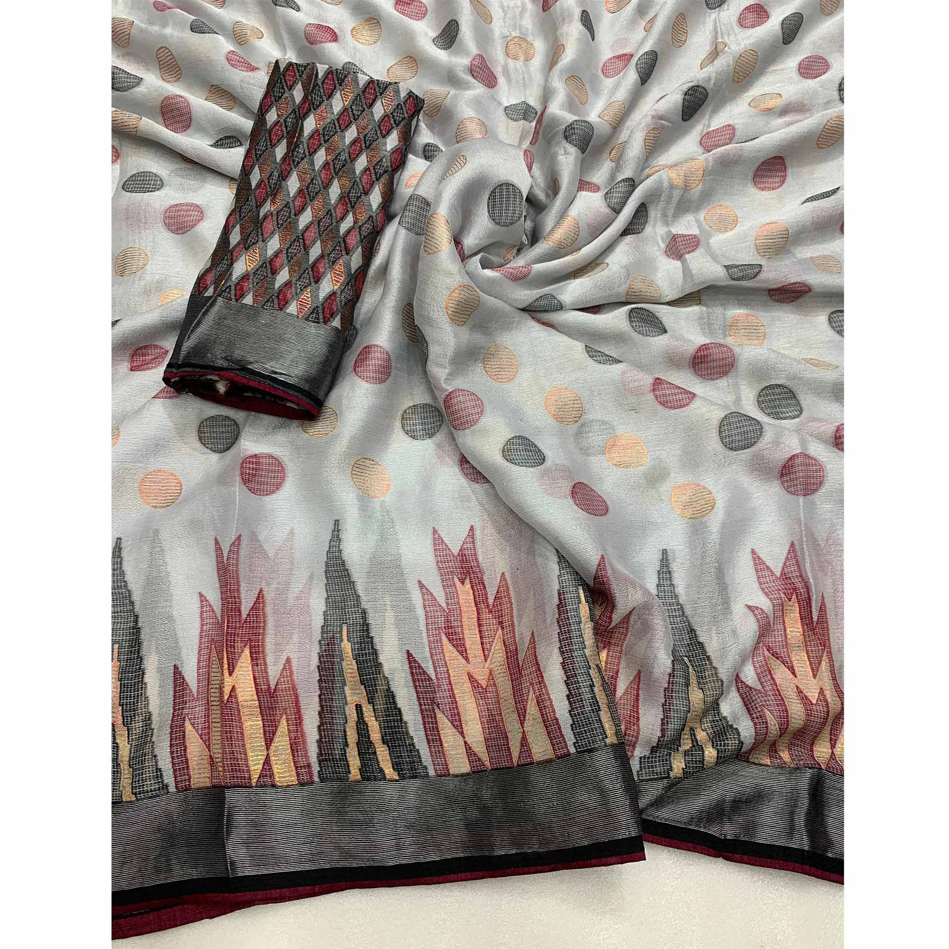 Grey Woven Art Silk Saree With Tassels