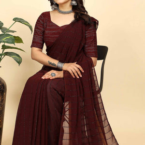 Dark Maroon Striped Zari Woven Chiffon Saree With Tassels