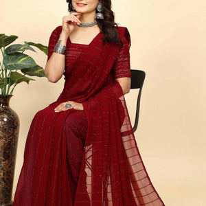 Dark Red Striped Zari Woven Chiffon Saree With Tassels
