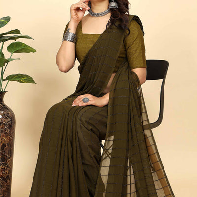 Mehendi Green Striped Zari Woven Chiffon Saree With Tassels