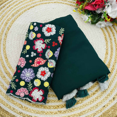 Dark Teal Solid Georgette Saree With Tassels