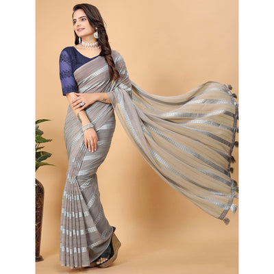 Grey Zari Striped Georgette Saree With Tassels