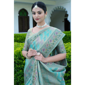 Blue Woven Organza Saree With Tassels