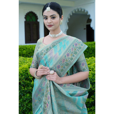 Blue Woven Organza Saree With Tassels