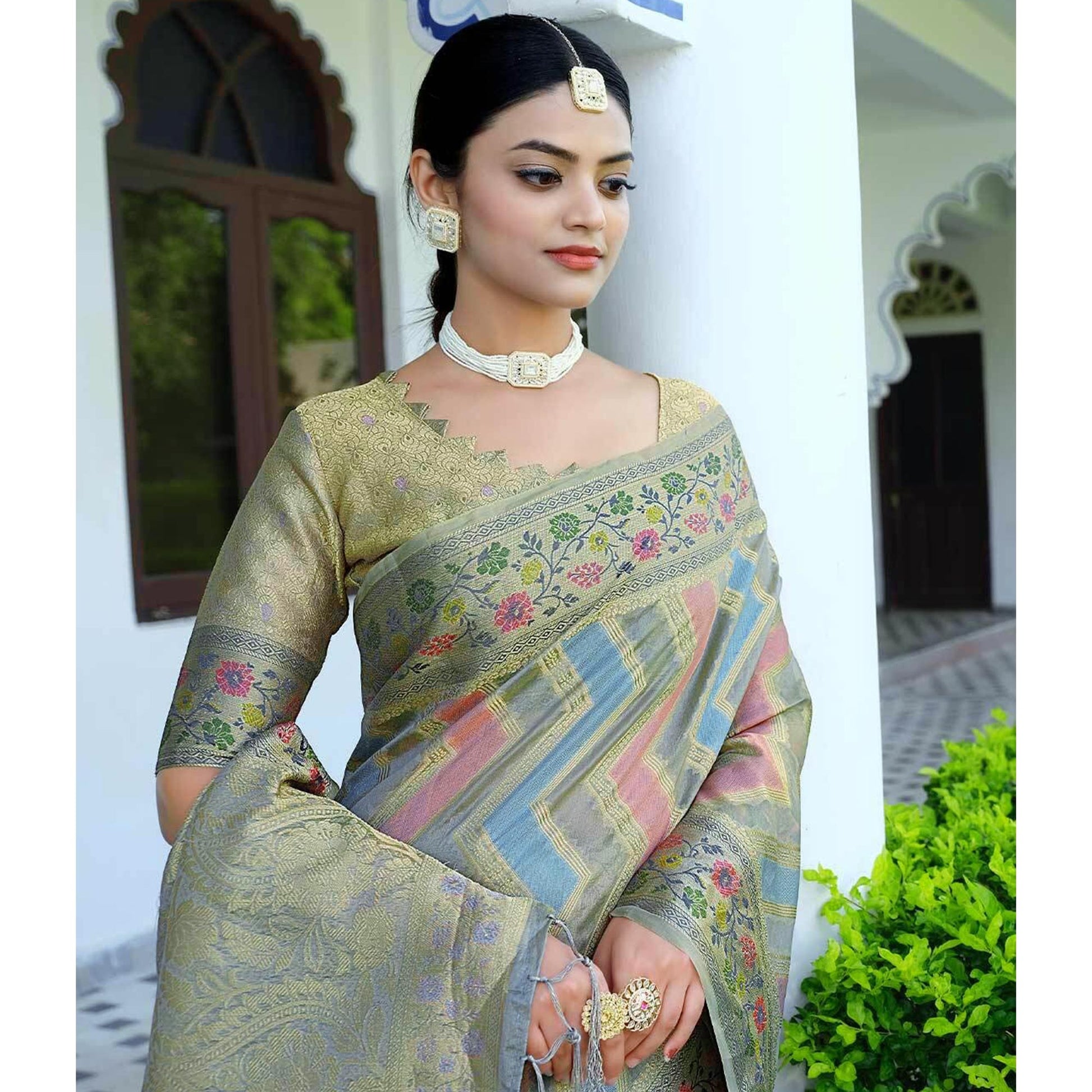 Grey Woven Organza Saree With Tassels