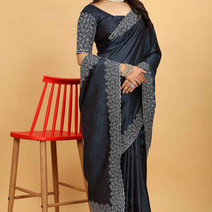 Dark Grey Swarovski Work Paper Silk Saree With Embroidery Zari Border