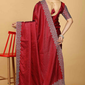 Maroon Swarovski Work Paper Silk Saree With Embroidery Zari Border