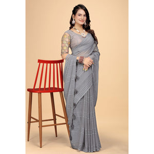 Grey Zari Striped Woven Georgette Saree
