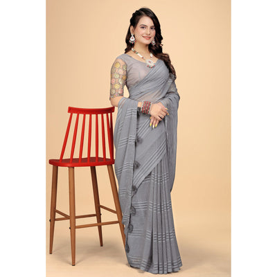 Grey Zari Striped Woven Georgette Saree