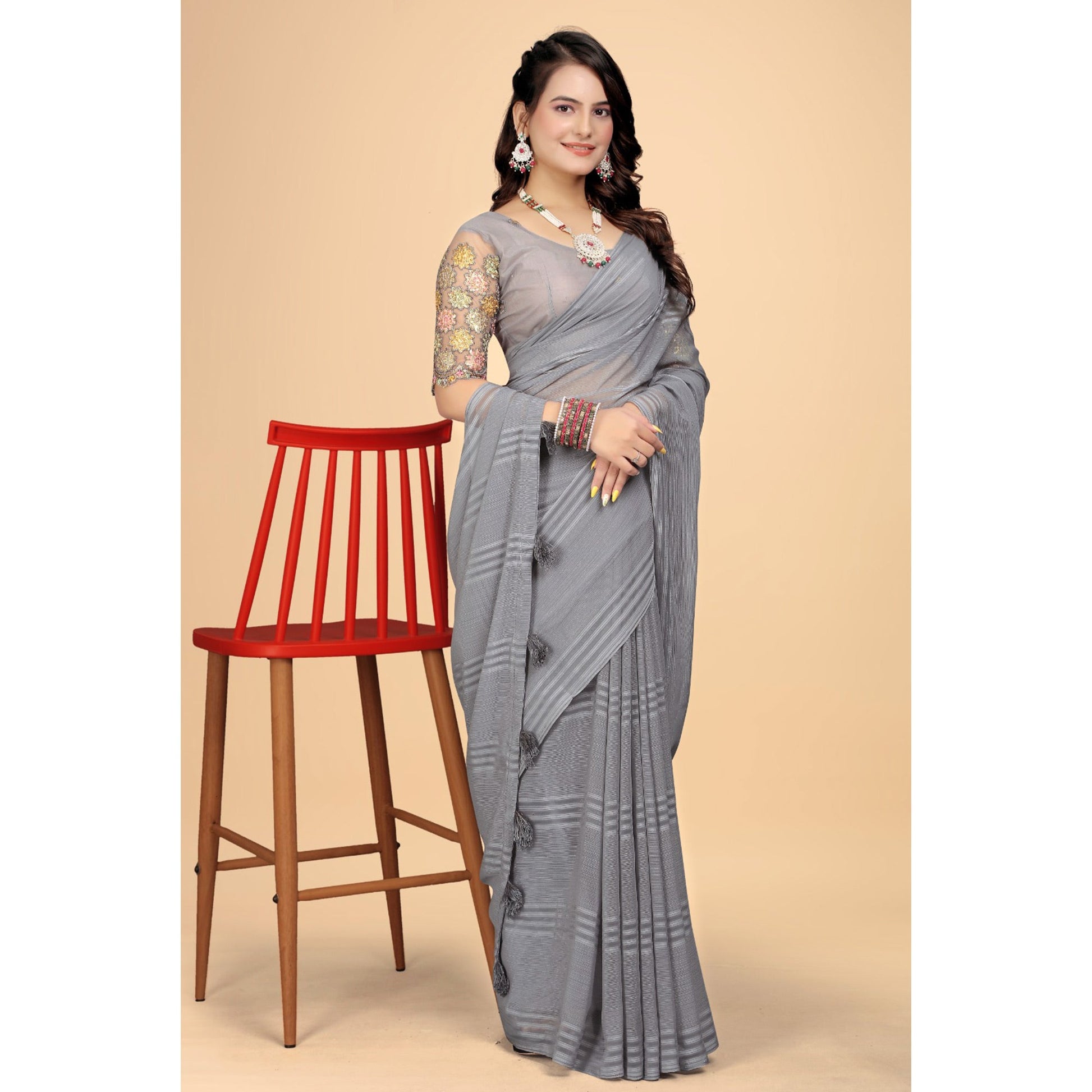 Grey Zari Striped Woven Georgette Saree
