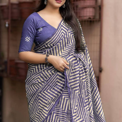 Lavender Digital Printed Linen Cotton Saree