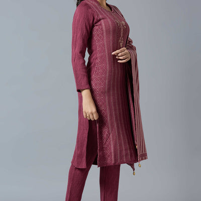 Maroon Woven Woolen Straight Salwar Suit