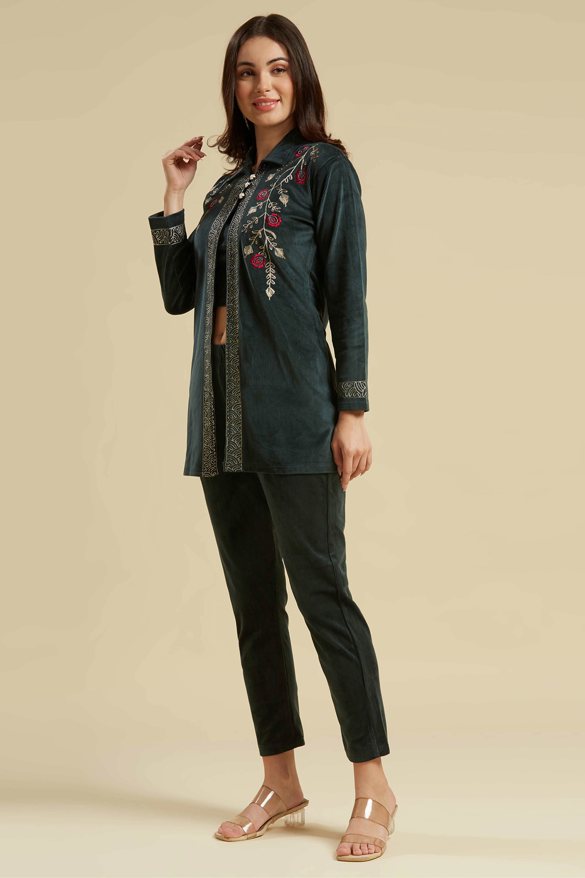 green-embroidered-velvet-front-slit-top-bottom-set