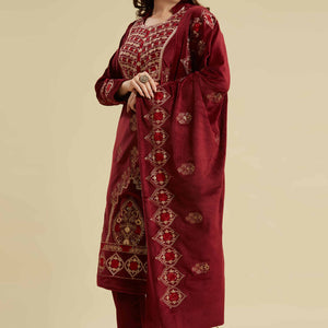 Maroon Embroidered Velvet Straight Salwar Suit