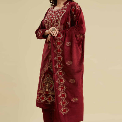 Maroon Embroidered Velvet Straight Salwar Suit