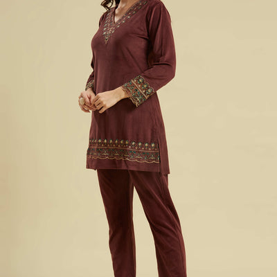 Brown Embroidered Velvet A-Line Top Bottom Set