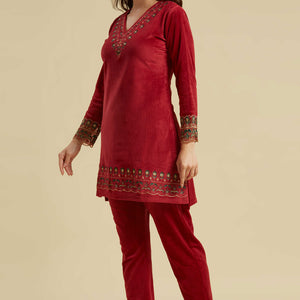 Maroon Embroidered Velvet A-Line Top Bottom Set