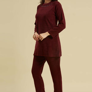 Maroon Woven Woolen A-Line Top Bottom Set
