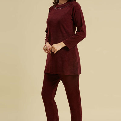 Maroon Woven Woolen A-Line Top Bottom Set