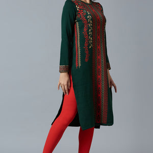 Bottle Green Woolen Straight Kurti