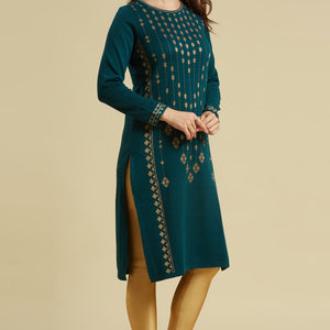 Dark Teal Floral Woolen Top Bottom Set