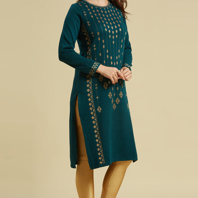 Dark Teal Floral Woolen Top Bottom Set