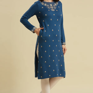 Blue Woolen Straight Kurti