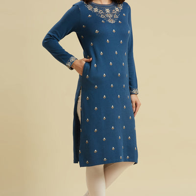 Blue Woolen Straight Kurti