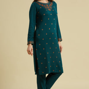 Dark Teal Woolen Straight Kurti