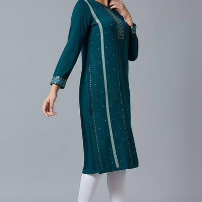 Dark Teal Woolen Straight Kurti