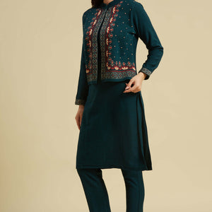 Dark Teal Floral Woolen Top Bottom Set