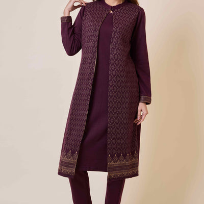Dark Mauve Floral Woolen Top Bottom Set