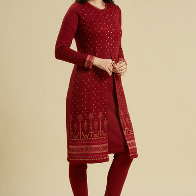 Maroon Floral Woolen Top Bottom Set