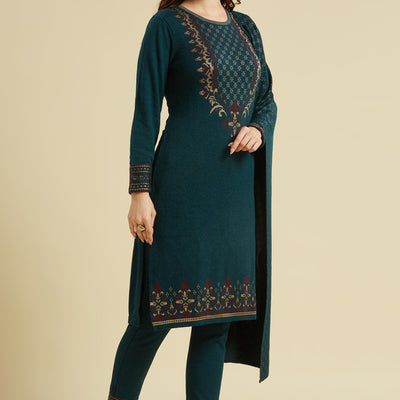 Dark Teal Floral Woolen Salwar Suit